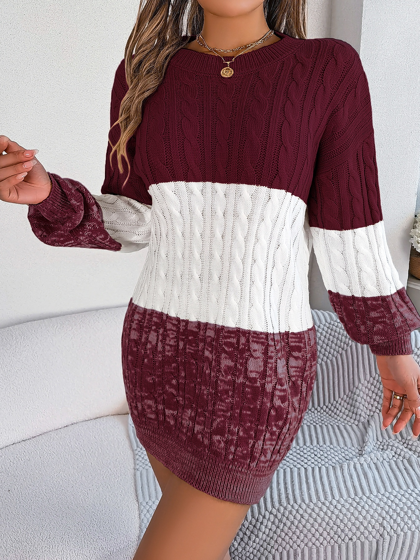 Casual Twist Lantern Sleeve Woolen Skirt