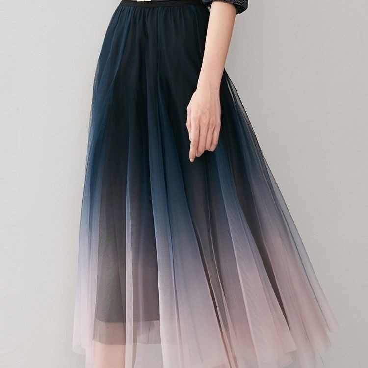 Mesh High Waist Large Swing A- Line Gradient Skirt