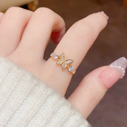 Fashion Jewelry New Style Gold Plated Beautiful Sweet Diamond Inlaid Butterfly Ring Women'S Luxury Temperament Elegant Ring Party Jewelry