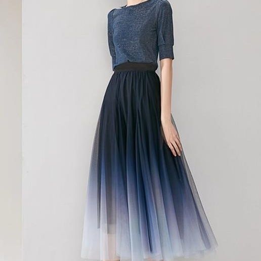 Mesh High Waist Large Swing A- Line Gradient Skirt