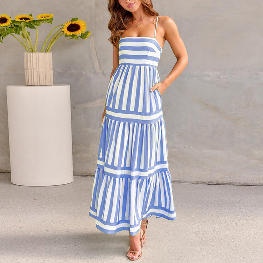 LIUBA Striped Suspender Long Dress