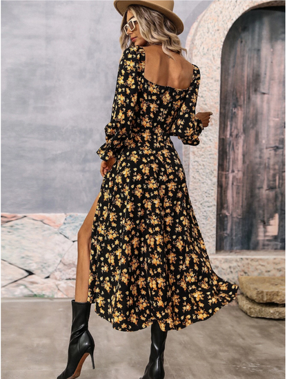 Flowers Printing Long Sleeve Dress