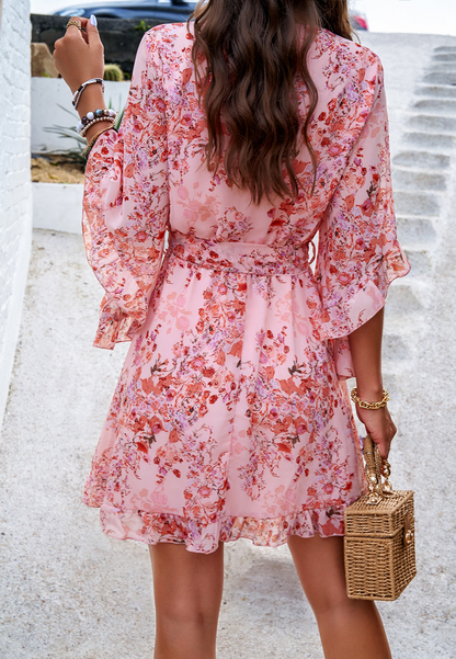 Floral Print Short Sleeves Dress Lace Up Ruffles