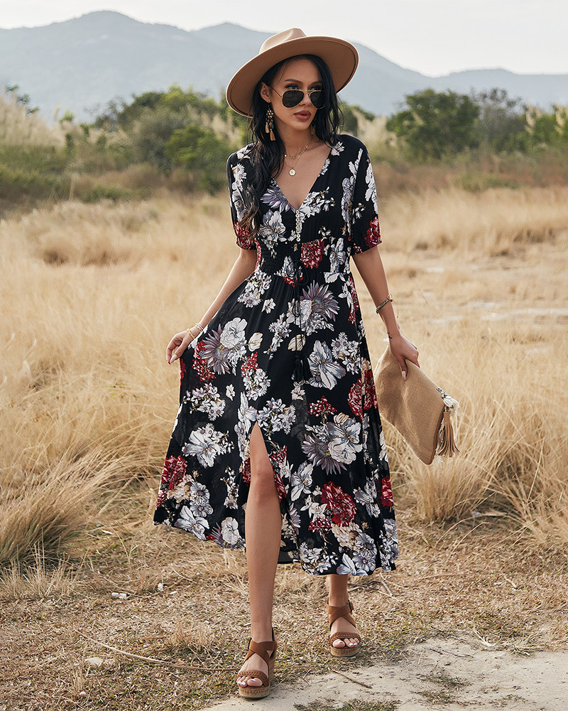 Floral Summer Beach Dress Elastic Waist