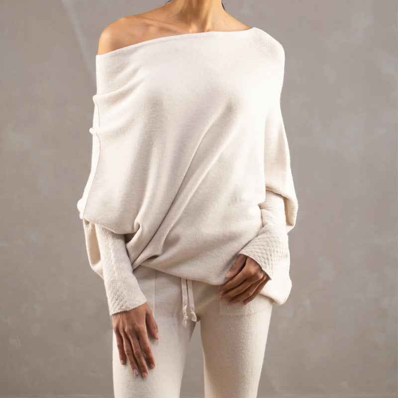 Off-shoulder Batwing Sleeve Sweater Round Neck