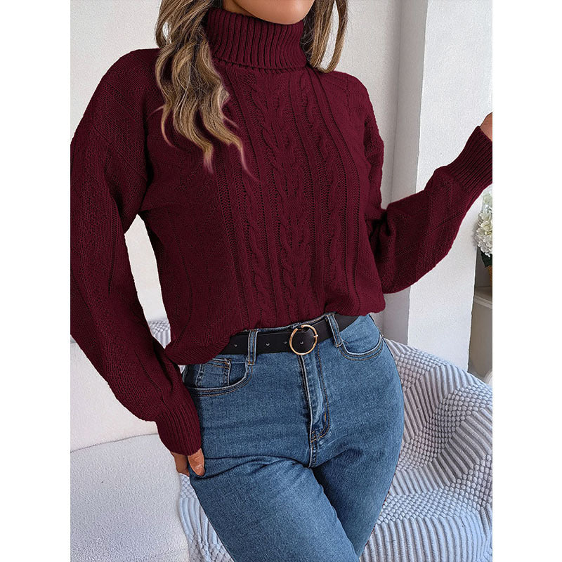 LIUBA Loose High Collar Twist Long Sleeve Knitted Pullover