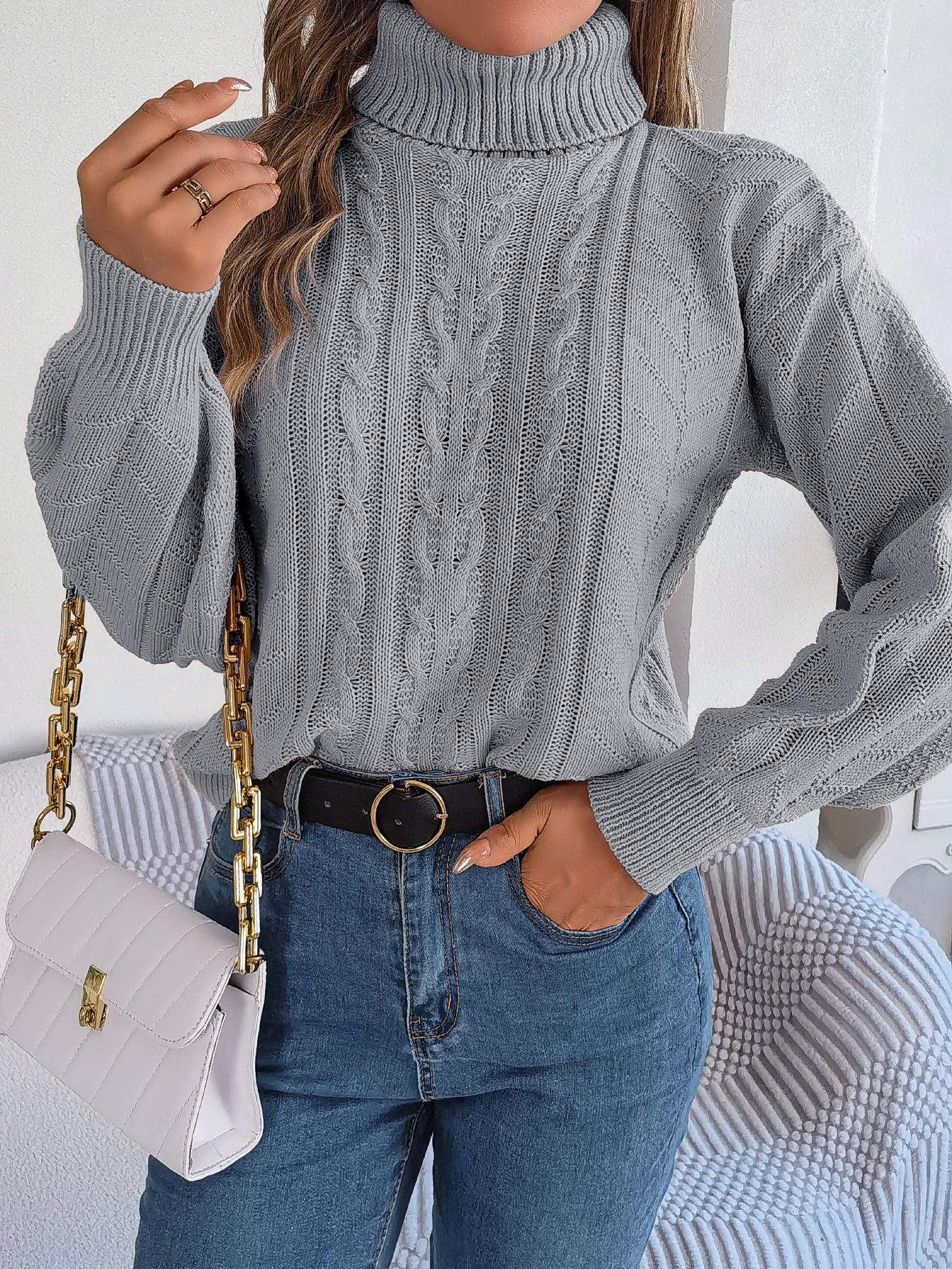 LIUBA Loose High Collar Twist Long Sleeve Knitted Pullover