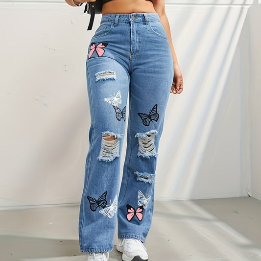 LIUBA High Waisted Straight Leg Jeans Trendy Butterfly Print Ripped Distressed