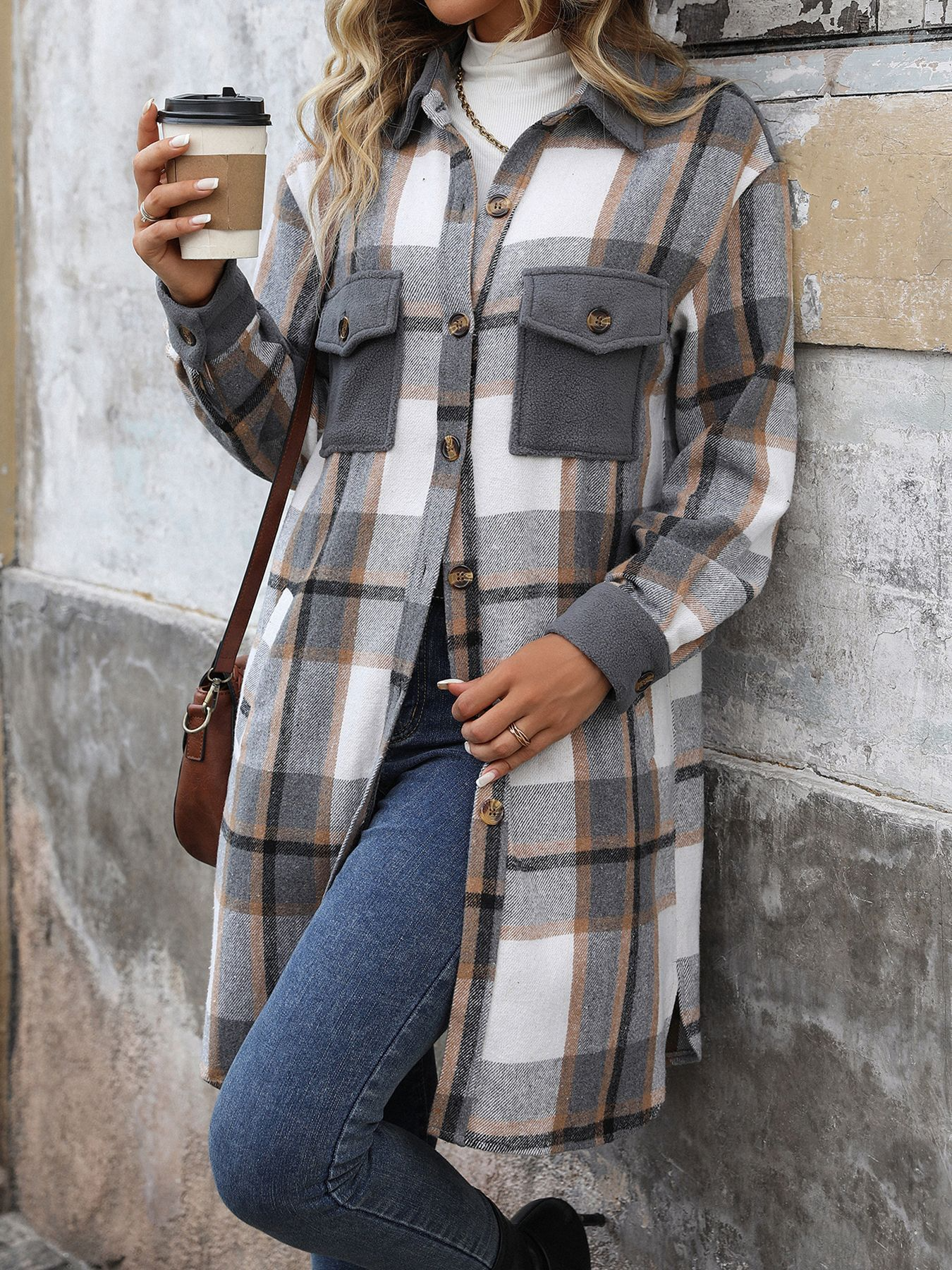 Brushed Plaid Long Coat With Pockets