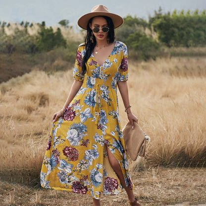 Floral Summer Beach Dress Elastic Waist