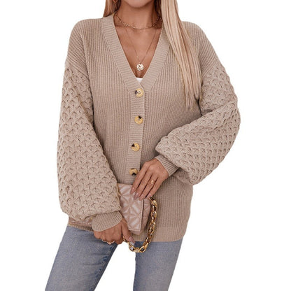 LIUBA V-neck Sweater Single-breasted Lantern Sleeve