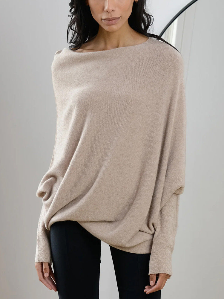 Off-shoulder Batwing Sleeve Sweater Round Neck