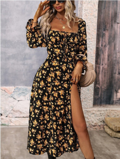 Flowers Printing Long Sleeve Dress