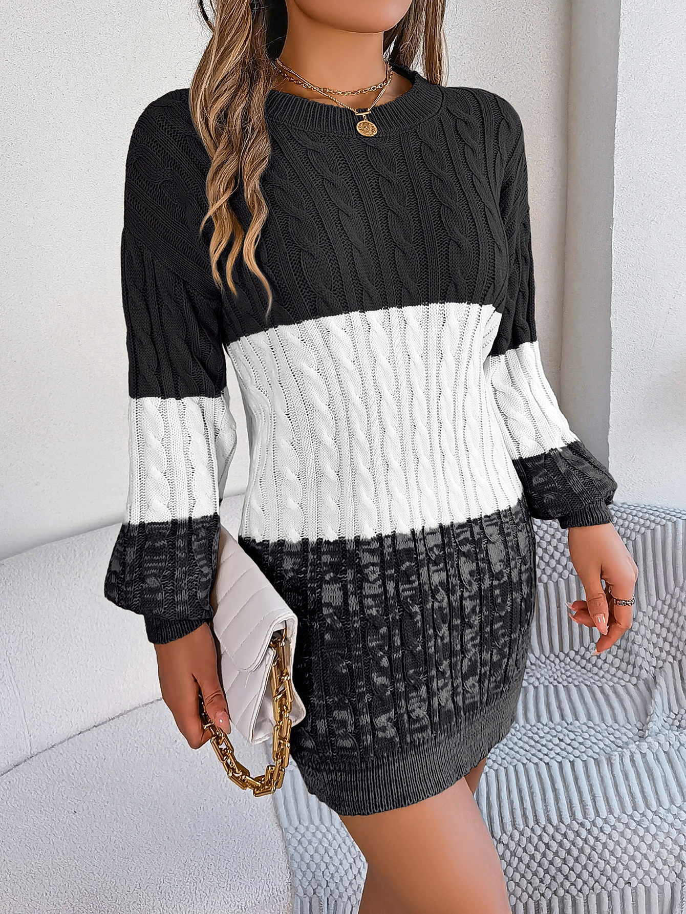 Casual Twist Lantern Sleeve Woolen Skirt