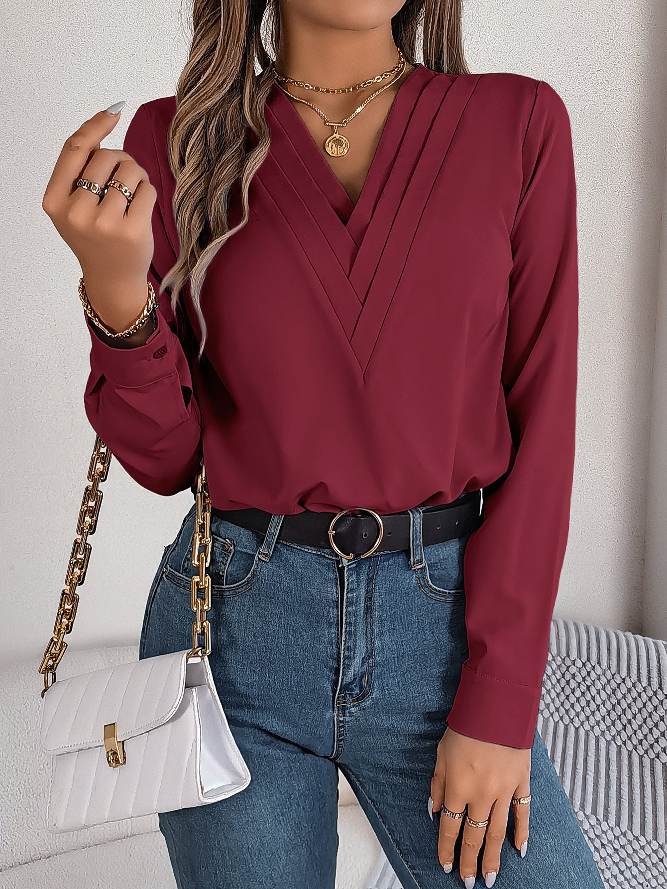 LIUBA V-Neck Long Sleeve Blouse