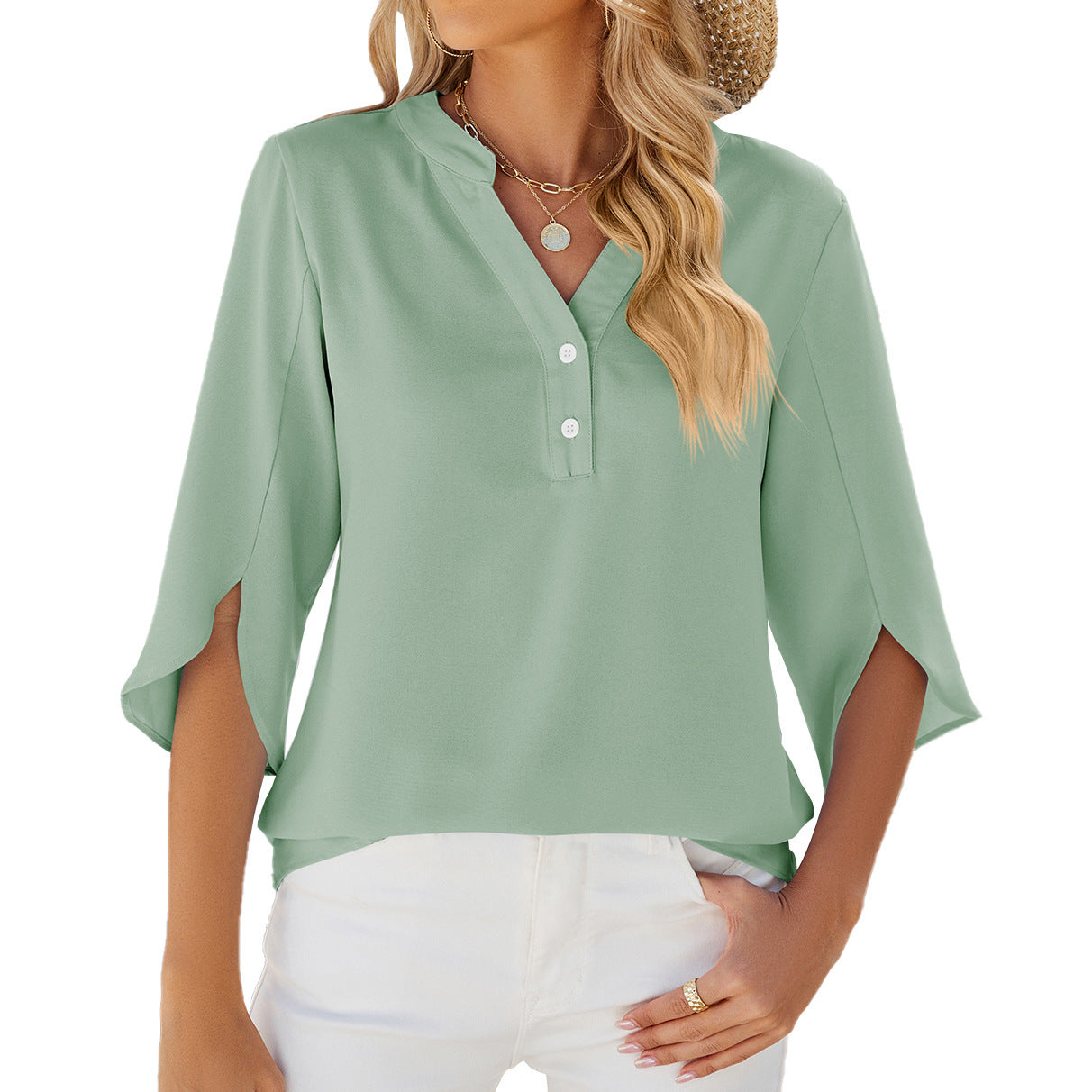 LIUBA Button V-neck Mid-sleeve Chiffon Shirt