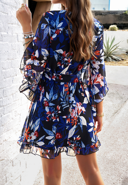 Floral Print Short Sleeves Dress Lace Up Ruffles