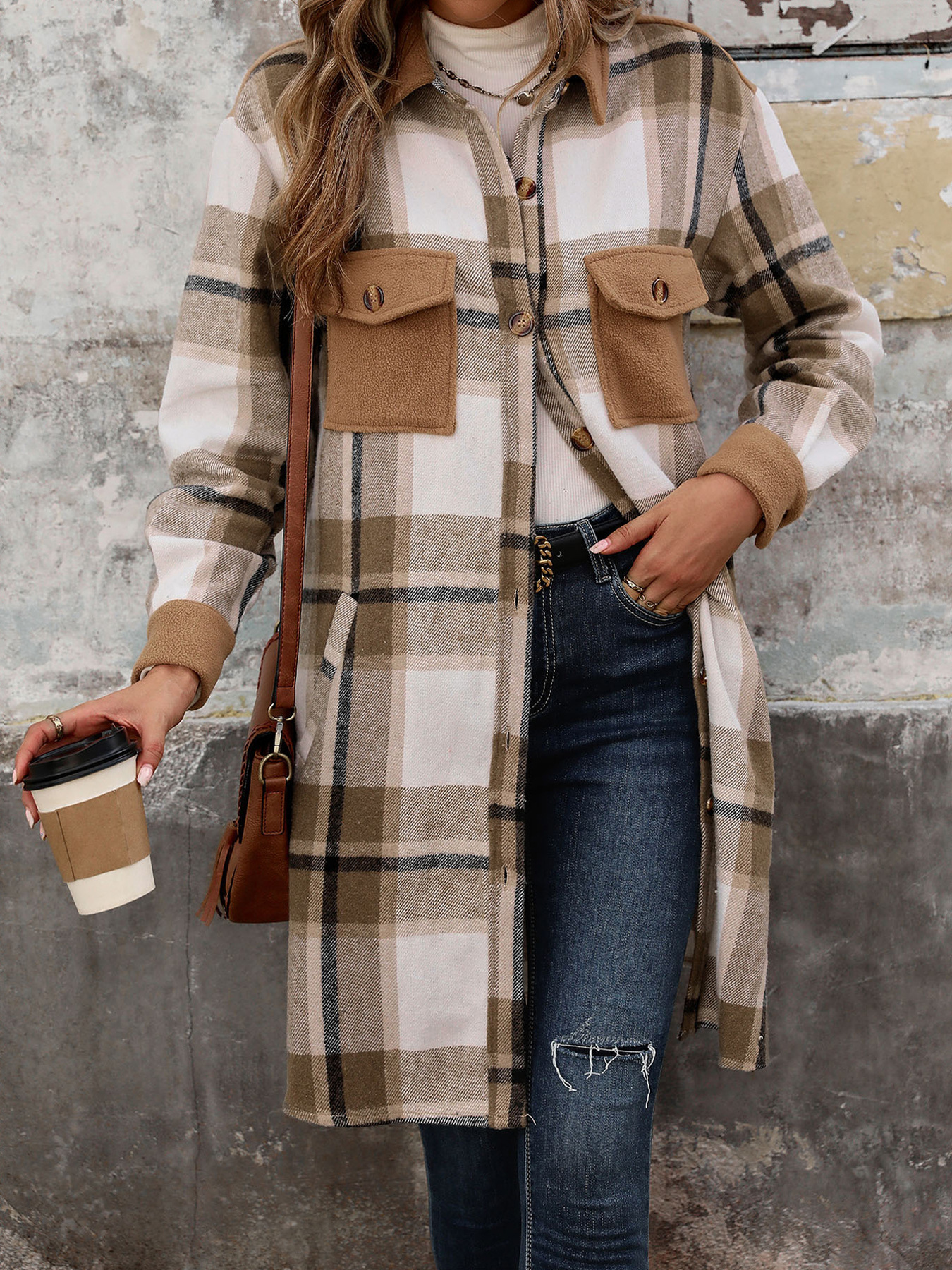 Brushed Plaid Long Coat With Pockets