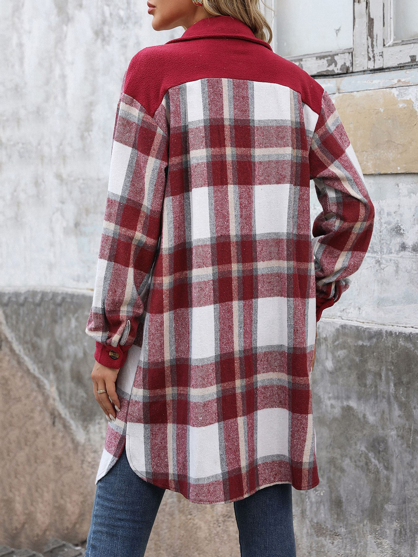 Brushed Plaid Long Coat With Pockets