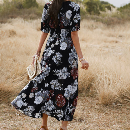 Floral Summer Beach Dress Elastic Waist