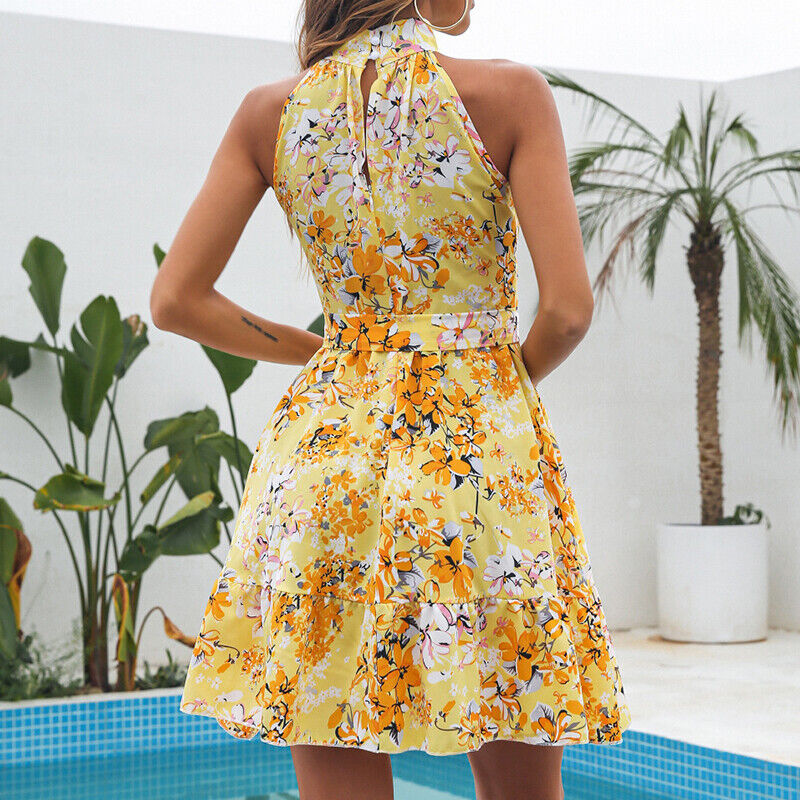 Flowers Print Lace-up Ruffled Dress