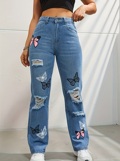 LIUBA High Waisted Straight Leg Jeans Trendy Butterfly Print Ripped Distressed