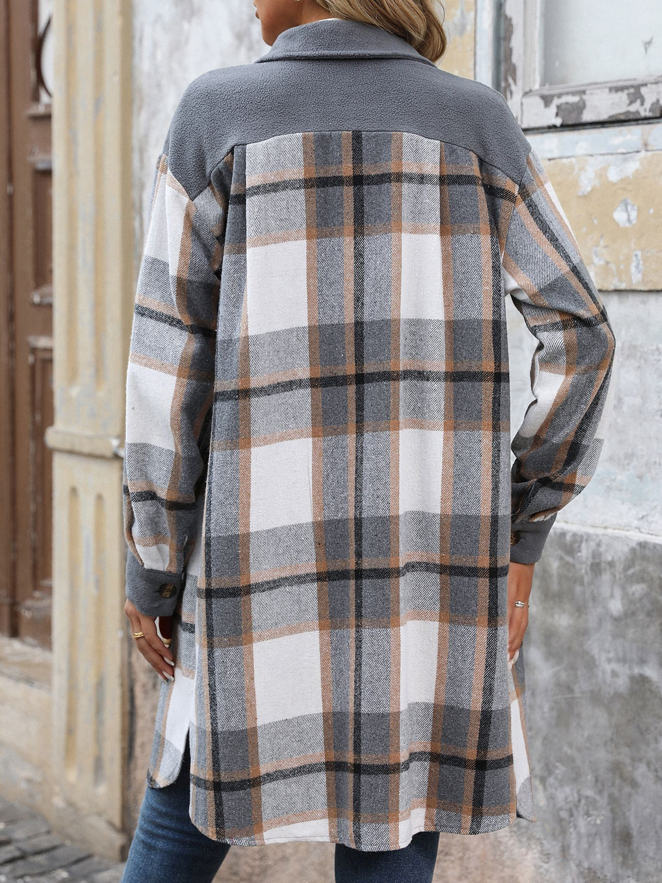 Brushed Plaid Long Coat With Pockets