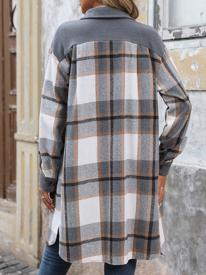 Brushed Plaid Long Coat With Pockets