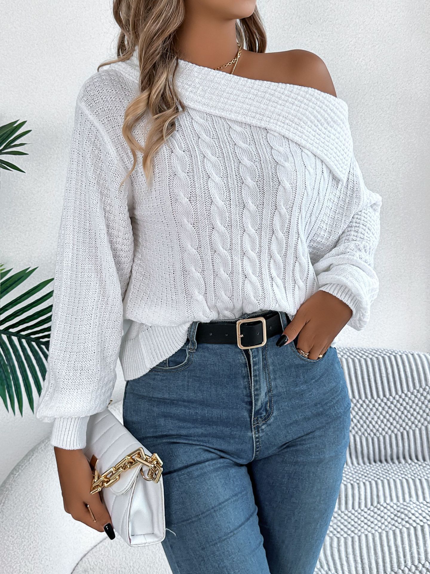 LIUBA Lapel Off-the-shoulder Long Sleeve Pullover