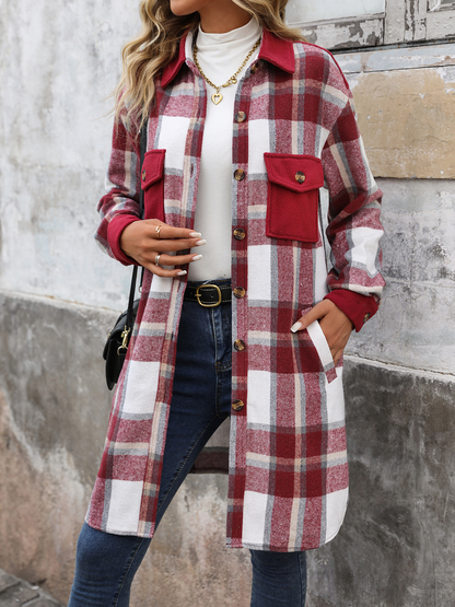 Brushed Plaid Long Coat With Pockets